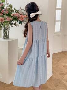 Hapijoa Váy không tay cổ tròn viền bèo nhún màu trơn cho bé gái tuổi mới lớn, trang phục mùa hè cho bé gái, quần áo trở lại trường - Màu xanh nhạt - Xem 5