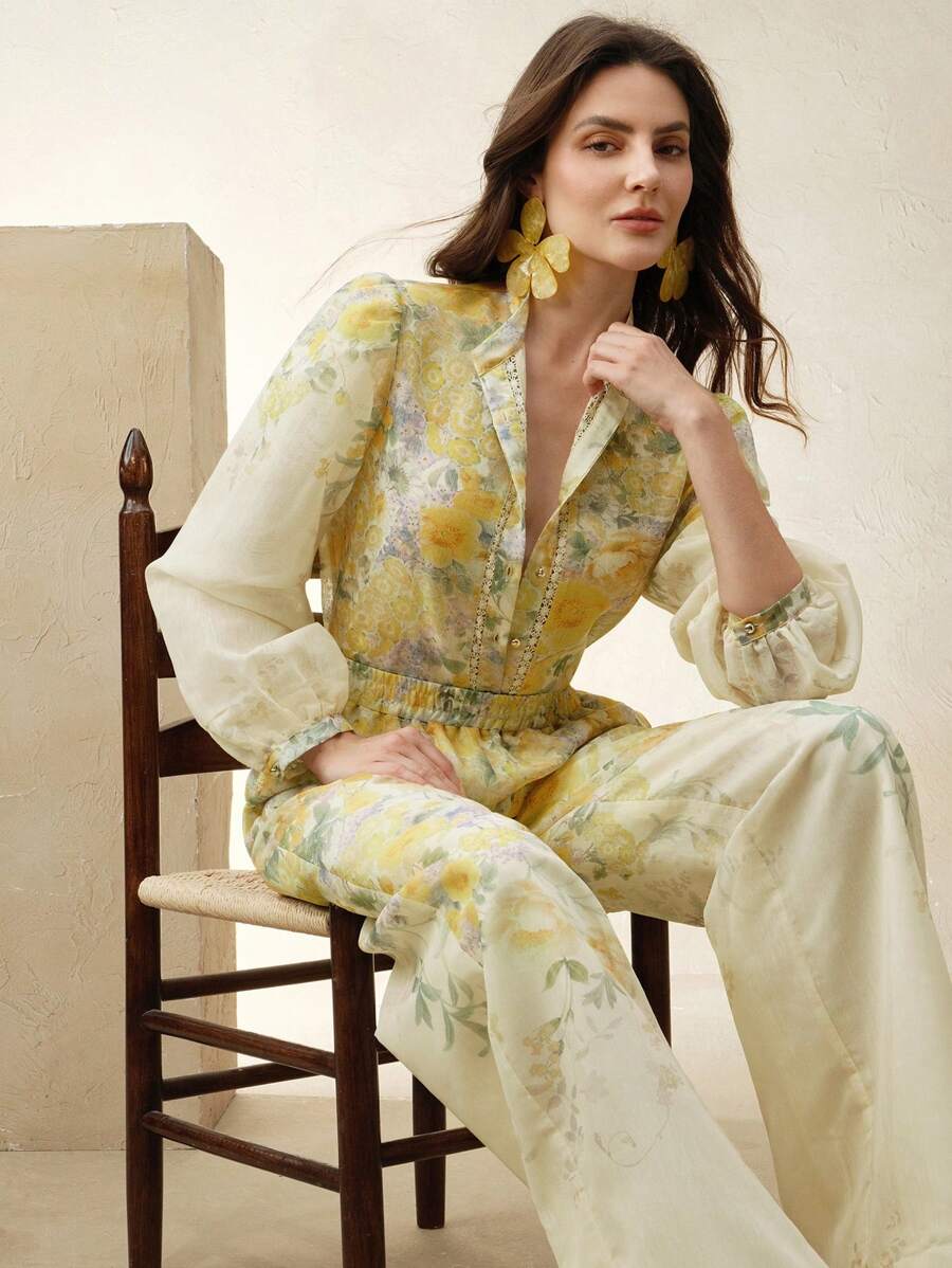 Anewsta 优雅花卉衬衫套装，米黄色印花图案撞色蕾丝长袖上衣和女士长裤，春夏皆宜 - 黃色 - 查看 1