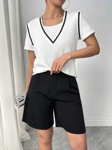 SHEIN LUNE Women's Summer Loose Round Neck Contrast Color Patchwork V-Neck Sleeveless Sweatshirt,Graduation,Teacher,Back To School Pullover Fall - Black and White - View 6