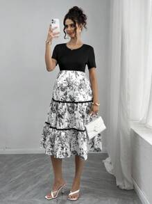 SHEIN Maternity Floral Print & Ruffle Patchwork Crew Neck Short Sleeve Dress - Black and White - View 6