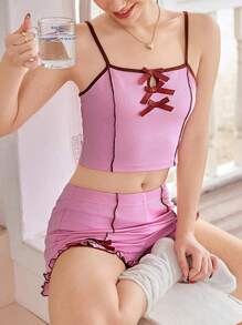 SHEIN Women's Bow Decor Contrast Trim Knit Cami & Shorts Sleepwear Set - Multicolor - View 4