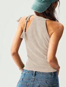 Bohemela 度假风格纯色针织水洗修身露肩女式背心 - 杏色 - 查看 5