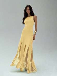 Aloruh Elegant Solid Color Mesh Patchwork Yellow Sleeveless Dress Butter Yellow Dress - Yellow - View 1