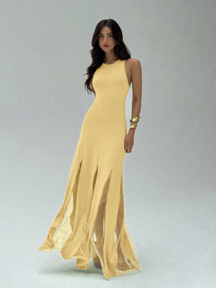 Aloruh Elegant Solid Color Mesh Patchwork Yellow Sleeveless Dress Butter Yellow Dress - Yellow - View 1