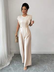 Selianne Round Collar Design Simple And Elegant Modern Fashion Workplace Elite Style Summer Women's Jumpsuit - Apricot - View 3