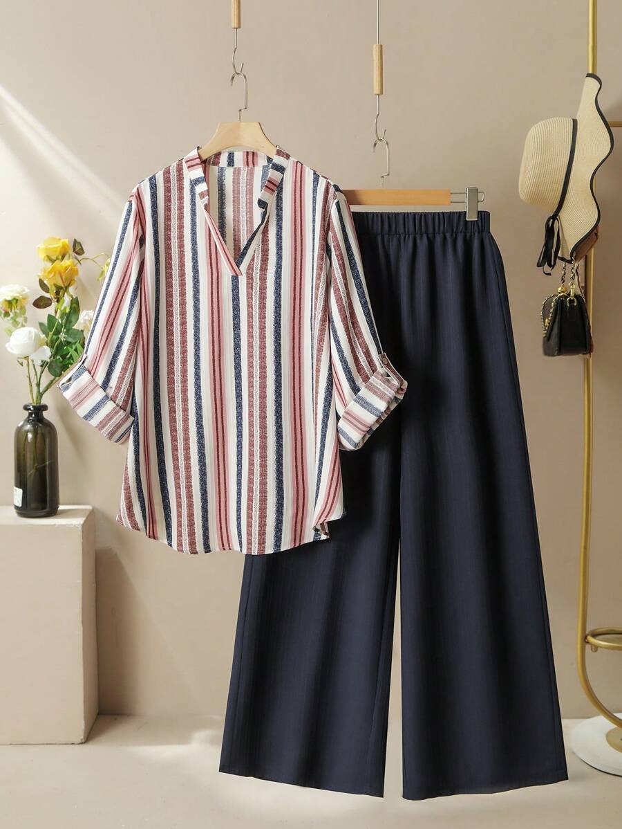 Lacomfia Women's Textured Colorful Stripe Print Long Sleeve Shirt And Wide-Leg Pants Casual Loose Comfortable Fashion Plus Size Set Shirt Sets For Women Fall Cloth For Women