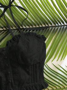 Soleia White Floral Textured Ruffle Trim Women's Camisole Tank Top For Vacation Black Eyelet Top Black Tie Strap Top Black Summer Top Black Crop Top Black Ruffled Top