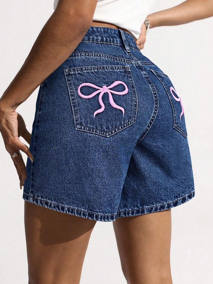 SHEIN EZwear Women's Summer Bow Embroidery Pocket Denim Shorts - Dark Wash - View 1