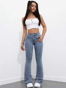 SHEIN PETITE Einfache figurbetonte Schlagjeans mit Taschen, vielseitig einsetzbar