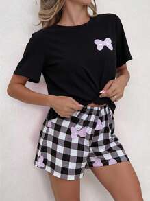 SHEIN 2pcs Teen Pajamas Set, Black Top With Blue Bow Accent, Paired With Purple Bow And Checkered Print Purple Shorts, Stretchy And Breathable Knit Fabric, Machine Washable, Comfortable And Easy Care (1 Sets Sold Separately) - Multicolor - View 5
