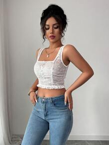 SHEIN Clasi Top de tirantes con encaje y plisado sexy para mujer - Blanco - Ver 5
