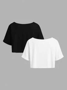 SHEIN EZwear 2pcs/Set Women's Loose Knitted One-Shoulder T-Shirt - Black and White - View 2