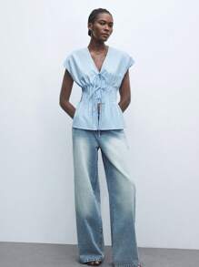 Maija 2025 Autumn/Winter New Blue Front Tie Bow Waist Pleated Shoulder Puff Sleeve Women's Blouse, Fashion, Elegant, Urban Romantic, Western Punk, Y2K, Country Music Festival, Vintage, Korean, Airport Travel, Street, Wedding Guest, Birthday, Halloween, Business Casual, Office, Date, Party, Outing, Back To School