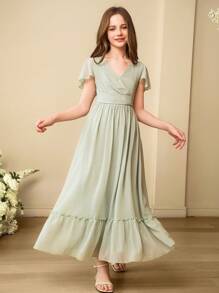 SHEIN Tween Girls' Elegant Green Long Dress With Cross V-Neck & Waist Belt, Suitable For Party, Vacation, Ball, Prom, Wedding, Flower Girl, Birthday Gift - Green - View 5