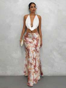 Glamine 优雅百搭A字裙，缎面印花裙，夏季连衣裙，修身时尚裙