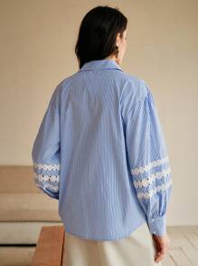 Anewsta Nueva camisa de oficina azul a rayas de estilo retro