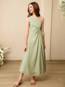 SHEIN 女童细肩带不对称领结结构优雅婚礼派对花童礼服 - 綠色 - 查看 3