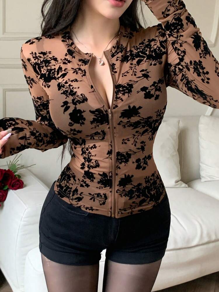 Sheer Lace & Floral Flocked Trim Cardigan Blouse, Long Sleeve Ladies Top,Fall Women Clothes