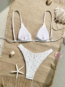 SHEIN Swim 女款2件式泳衣套裝，甜美可愛休閒度假派對風，紋理花卉圖案蝴蝶結裝飾，可調節肩帶，適合夏季海灘度假 - 彩色 - 查看 4