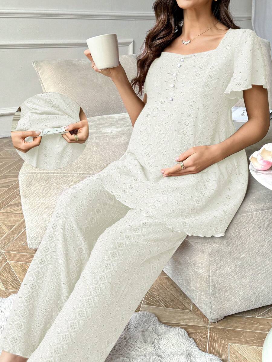 Moonlight&Mama Conjunto de pijama con pantalón largo, cuello cuadrado y mangas con volantes estampado jacquard para mujer embarazada - Beis - Ver 1