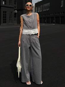 DAZY Bộ 2 áo yếm ren tương phản và quần dài cho nữ, Xuân/Hè - Xám - Xem 3