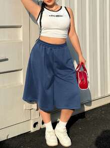 SHEIN EZwear 大码休闲超宽蓝色七分裤长运动短裤，春夏 - 藍色 - 查看 2