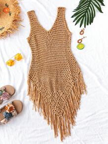 Breezaya Solid Color Fringe Decor Asymmetric Hem Sleeveless Chiffon Dress Tunic For Summer Beach Vacation - Camel - View 2