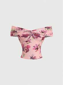 SHEIN Sweetro Áo crop top in hoa cổ chữ V hở vai gợi cảm phong cách mới cho nữ, dáng ôm bó sát, tôn dáng - Hồng - Xem 1