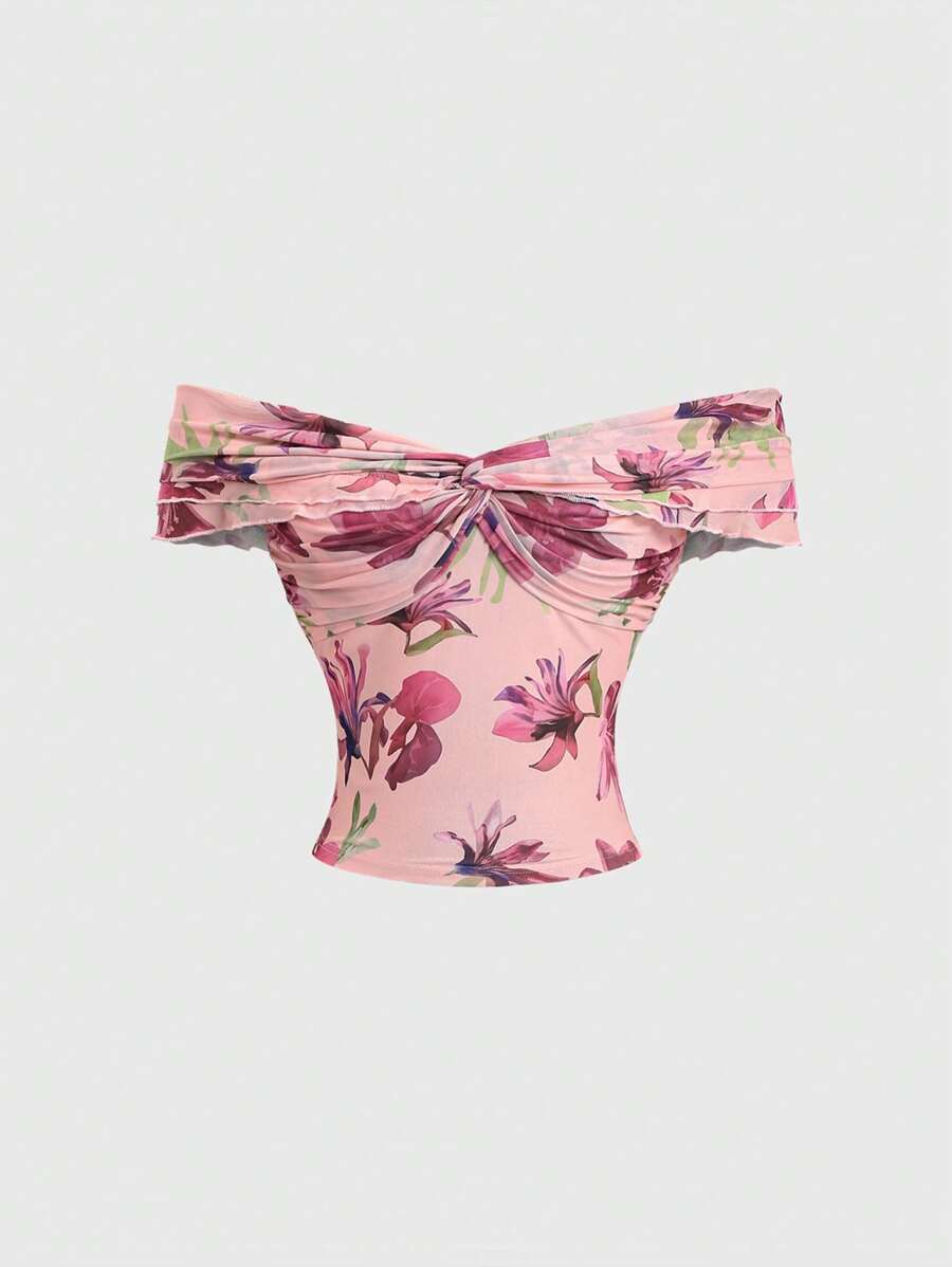 SHEIN Sweetro Áo crop top in hoa cổ chữ V hở vai gợi cảm phong cách mới cho nữ, dáng ôm bó sát, tôn dáng - Hồng - Xem 1