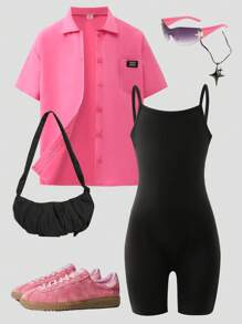 SHEIN Explorewe Tween Girl Pink Short Sleeve Shirt And Black Suspender Jumpsuit, Casual Summer Streetwear 2pcs Set - Pink - View 3
