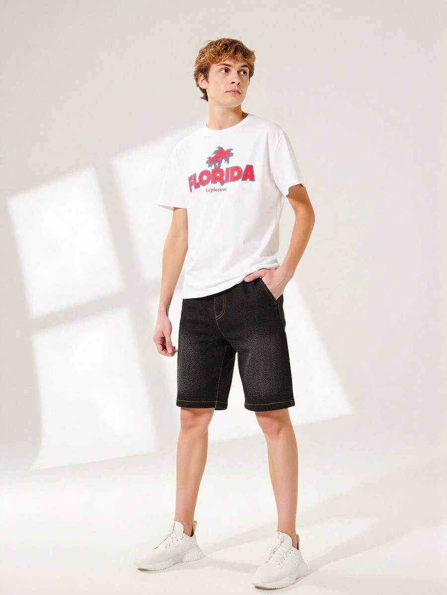 Tween Boy Letter Print Round Neck Short Sleeve T-Shirt, Summer - White - View 1