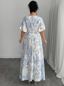 Modelyn Plus Size Blue Tie Dye Print Square Neck Splicing Apricot Insert Flutter Sleeve Waist Tie A-Line Dress - Blue - View 2