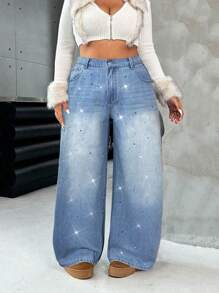 SHEIN ICON Oversized Blue Jeans BlingBling Diamond Wide-Leg Pants Summer Street Wear Music Festival Wear Y2K - Light Wash - View 1