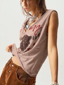 Bohemela Plus Size Summer Casual Bull Graphic Print Tank Top,Vintage - Dusty Purple - View 6