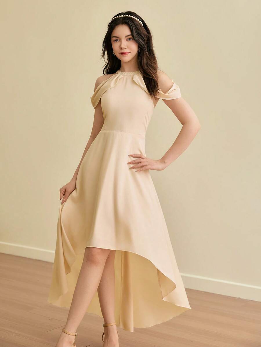 SHEIN Váy phù dâu cho thiếu nữ, váy dài viền bất đối xứng thanh lịch, phù hợp cho đám cưới, vũ hội, tiệc sinh nhật và các dịp khác - Rượu sâm banh - Xem 1