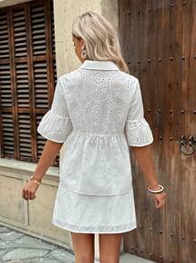 Breezaya 2pcs French Style Lace Embroidery Hollow Blouse And Mini Skirt Set - White - View 2