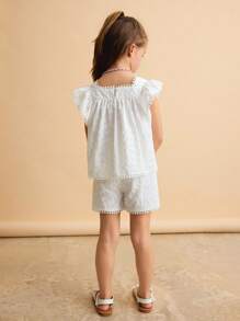 Ontre 2pcs/Set Young Girl Loose Casual Ruffle Sleeve Top And Shorts Set - White - View 2