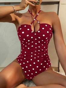 Women Polka Dot Printed Ruffle Monokini Sexy Criss-Cross Backless Swimsuit For Beach Vacation For Summer - Red - View 5