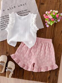 Conjunto de 2 piezas de top de tirantes con volantes de punto jacquard blanco y shorts con volantes rosas para niñas pequeñas, un look lindo y angelical para el verano - Rosa - Ver 2