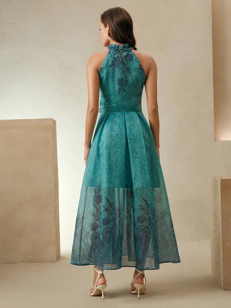 New Summer Elegant Ruffle Spaghetti Strap Sleeveless A-Line Dress With Placement Print