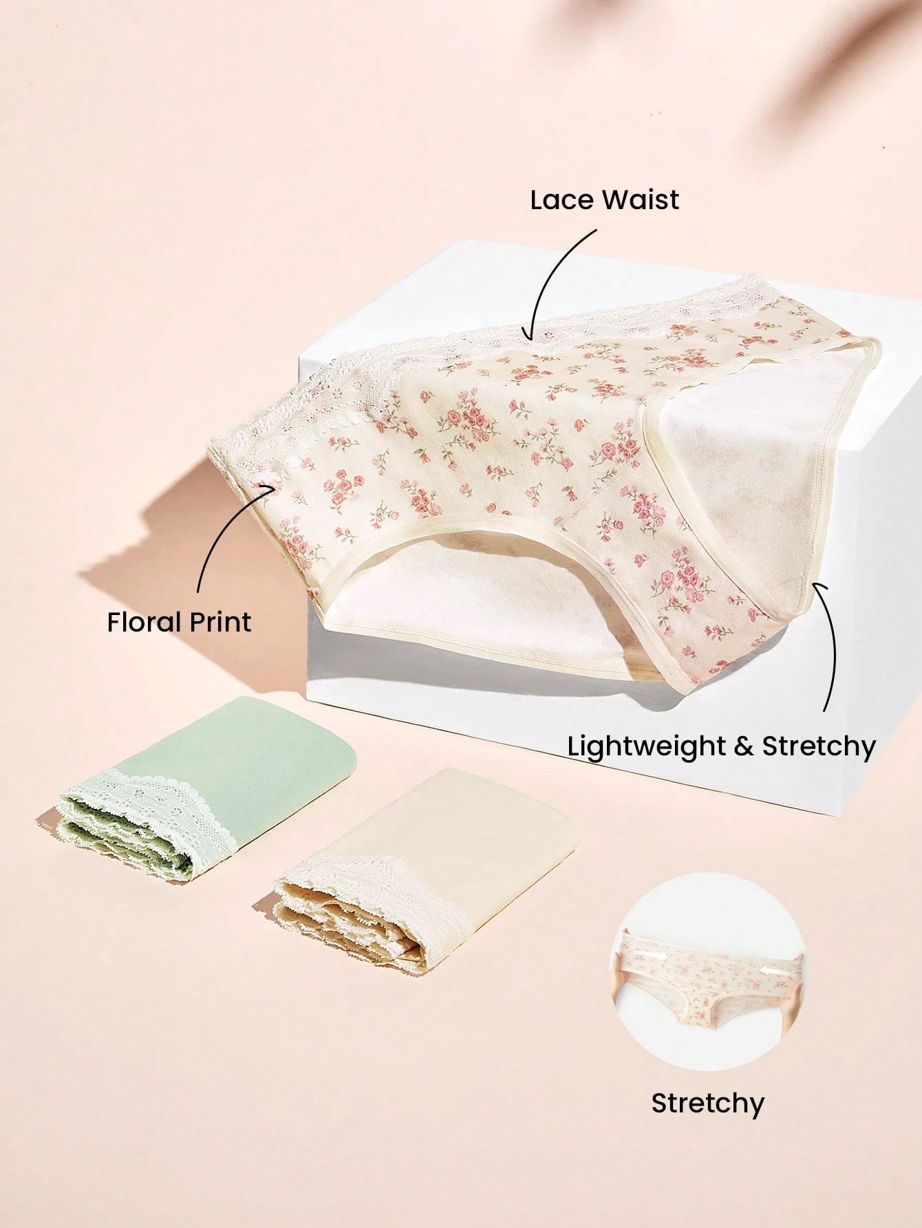 3-Pack Soft Cotton Basic Floral Print Lace Trim Mid-Waist Underwear Briefs