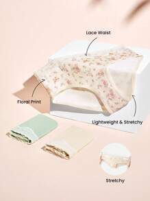 LUVLETTE 3条装柔软透气棉质基本款花卉印花蕾丝边中腰女士内裤 - 彩色 - 查看 3