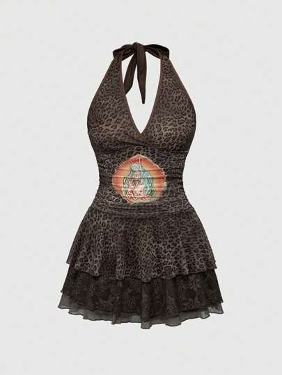 J-Fashion Y2K Vintage Streetwear inspiriertes sexy Bodycon Minikleid mit transparenter Leopard Muster-Partie und Jungfrau-Maria-Grafik