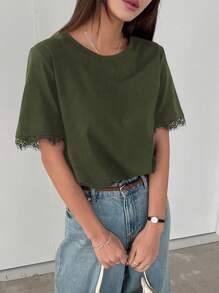 DAZY 女士撞色蕾丝宽松短袖休闲T恤，商务休闲女士 - 軍綠色 - 查看 5