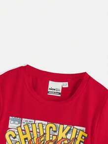 Nick 90s | SHEIN Young Boy Cartoon & Letter Graphic Round Neck Short Sleeve T-Shirt - Red - View 3