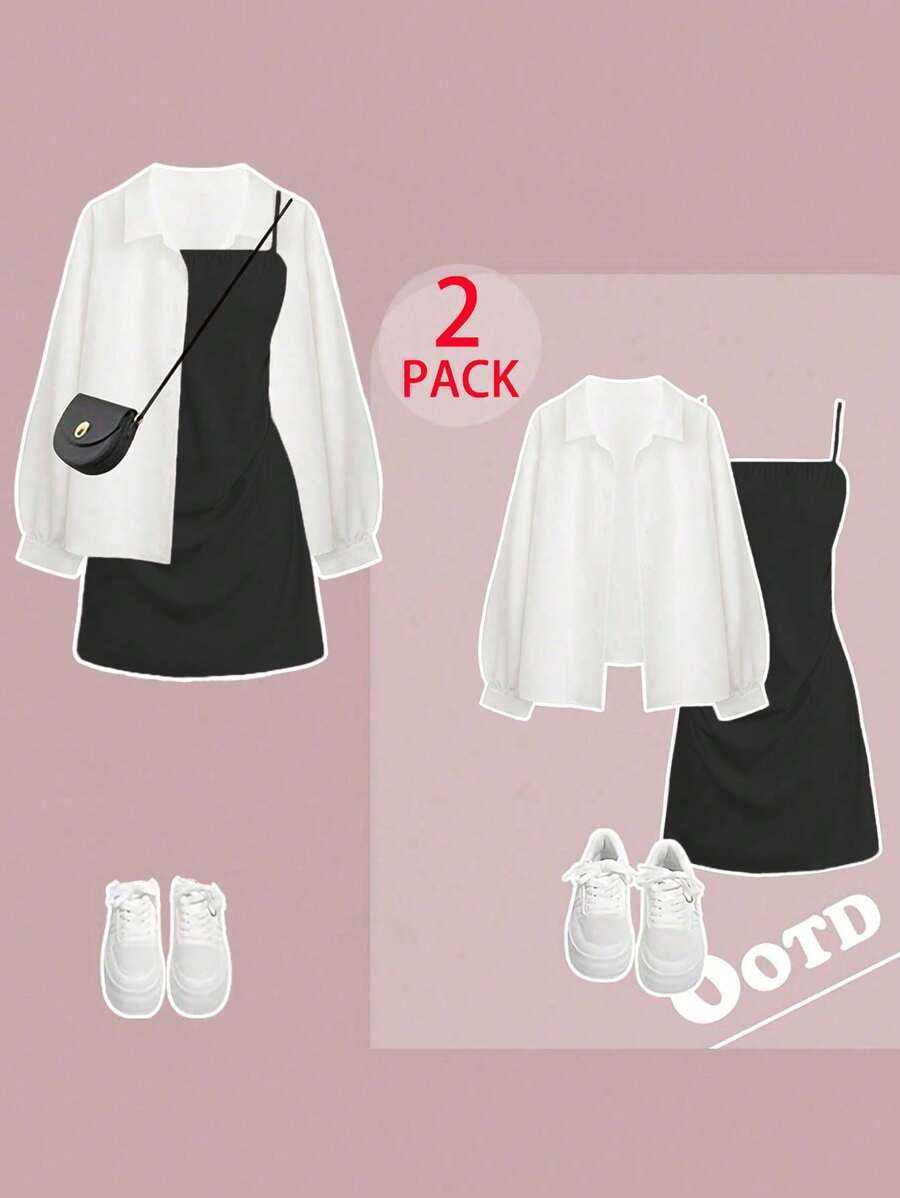 SHEIN MOOSTA Bộ đồ thường ngày đi nghỉ 2 món Cami nhún bèo cỡ lớn & Áo sơ mi trắng - màu đen - Xem 1