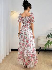 Modelyn Digital Print Square Neck Short Sleeve Long Dress For Women - Multicolor - View 7
