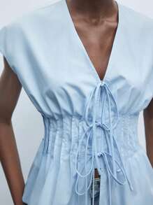 Maija 2025 Autumn/Winter New Blue Front Tie Bow Waist Pleated Shoulder Puff Sleeve Women's Blouse, Fashion, Elegant, Urban Romantic, Western Punk, Y2K, Country Music Festival, Vintage, Korean, Airport Travel, Street, Wedding Guest, Birthday, Halloween, Business Casual, Office, Date, Party, Outing, Back To School