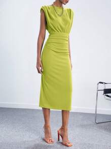 BizChic 2025 Green Round Neck Sleeveless Padded Shoulder Ruched Waist Women's Dress, Romantic, Elegant, Versatile, Business Casual, Office Wear, Suitable For Daily, Commuting, Vintage Style, Teacher Outfit