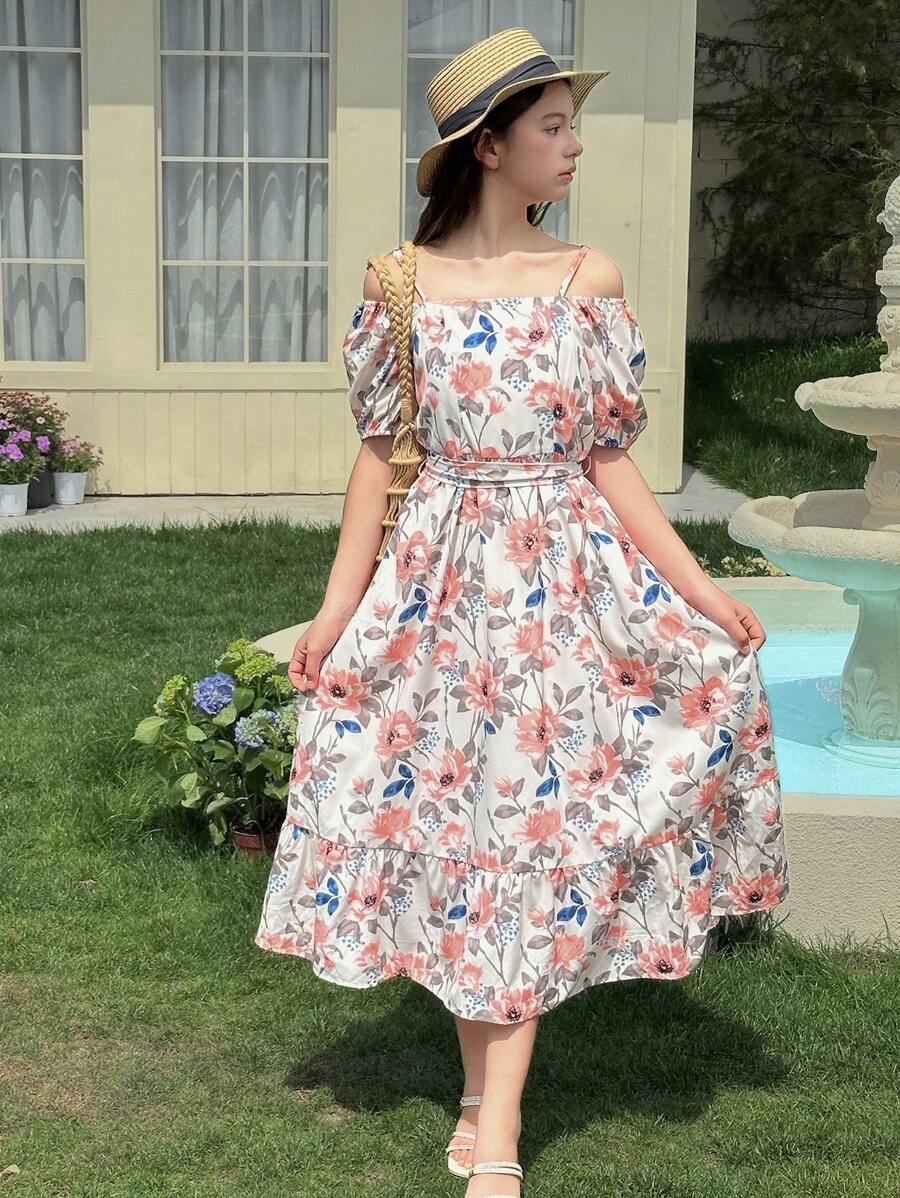 DAZY 少女花卉印花露肩荷叶边休闲迷你连衣裙，女孩夏季服装，返校服装 - 粉色 - 查看 1